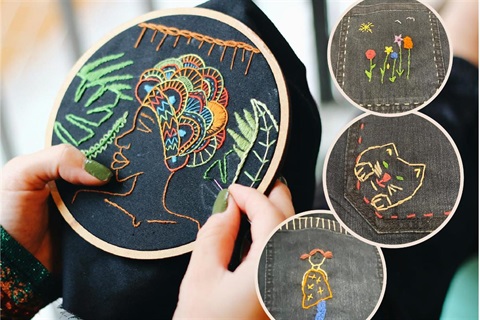 Delicate embroidery of a persons head and plant motifs
